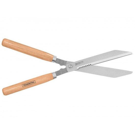 TESOURA PARA CERCA VIVA LAMINA METALICA SERRILHADA E POLIDA CABO DE MADEIRA TRAMONTINA