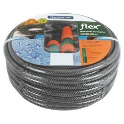 MANGUEIRA FLEX EM PVC PRETO PARA JARDIM, COM 25 METROS E COM ENGATES PLASTICOS TRAMONTINA