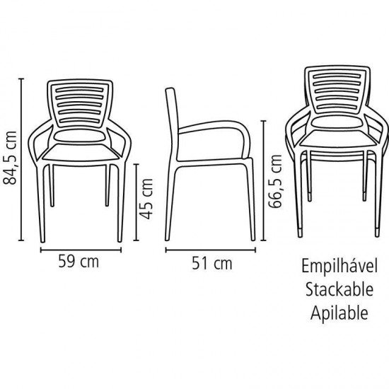 CADEIRA PLASTICA MONOBLOCO COM BRACOS SOFIA BRANCA ENCOSTO VAZADO HORIZONTAL