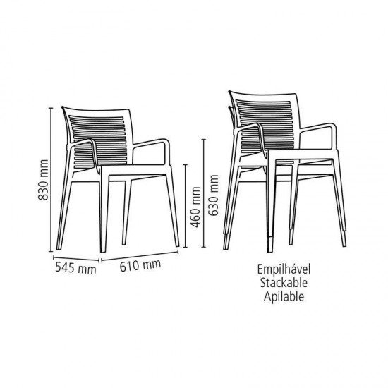 CADEIRA PLASTICA MONOBLOCO COM BRACOS VICTORIA PRETA ENCOSTO VAZADO HORIZONTAL