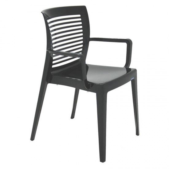 CADEIRA PLASTICA MONOBLOCO COM BRACOS VICTORIA PRETA ENCOSTO VAZADO HORIZONTAL