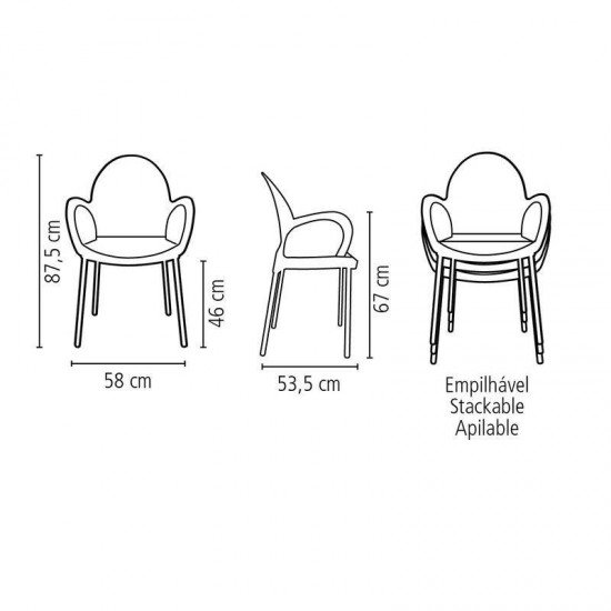 CADEIRA PLASTICA COM BRACOS GRACE BRANCA COM PERNAS DE ALUMINIO ANODIZADO