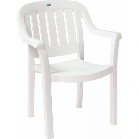CADEIRA PLASTICA MONOBLOCO COM BRACOS MIAMI BRANCA COM O ENCOSTO VAZADO VERTICAL