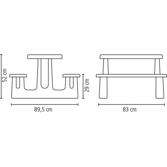 CONJ COM UM TAMPO VERMELHO, ASSENTOS AZUIS E UMA BASE AMARELA DE PLASTICOS MONTAVEL PICNIC