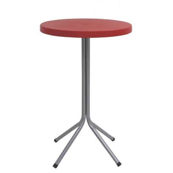 MESA SIGMA ALTA COM TAMPO REDONDO EM POLIPROPILENO VERMELHO E BASE DE ACO INOX TRAMONTINA