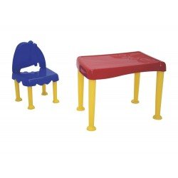 CONJ INF DE 1 MESA E 1 CAD PLASTICA MONTAVEIS MONSTER NAS CORES VERMELHA. AZUL E AMARELA TRAMONTINA