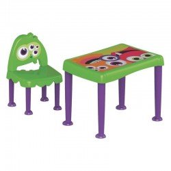 CONJUNTO INFANTIL DE 1 MESA E 1 CADEIRA PLASTICAS MONTAVEIS MONSTER VERDE E LILAS