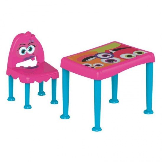 CONJUNTO INFANTIL DE 1 MESA E 1 CADEIRA PLASTICAS MONTAVEIS MONSTER ROSA E AZUL