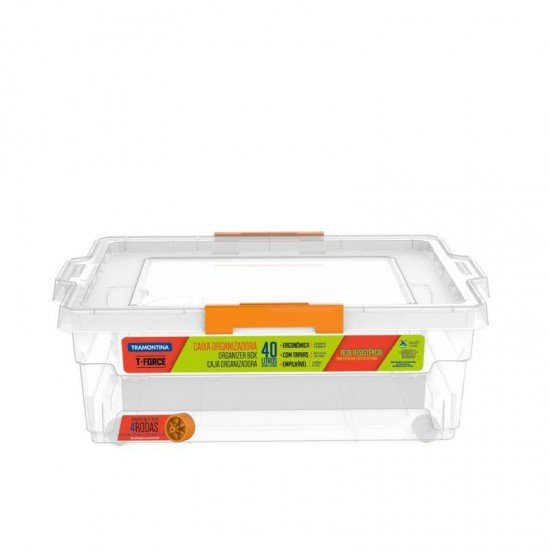 CAIXA ORGANIZADORA COM TAMPA E RODAS EM PLASTICO 40 LITROS TRANSPARENTE