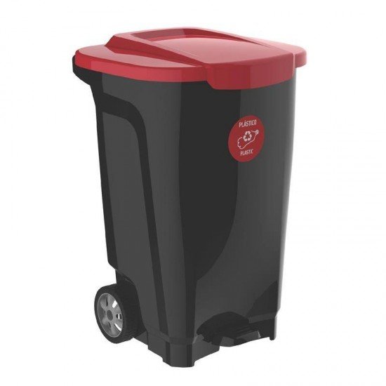 LIXEIRA EM PLASTICO T-FORCE PRETO E VERMELHO 100 LITROS COM RODAS