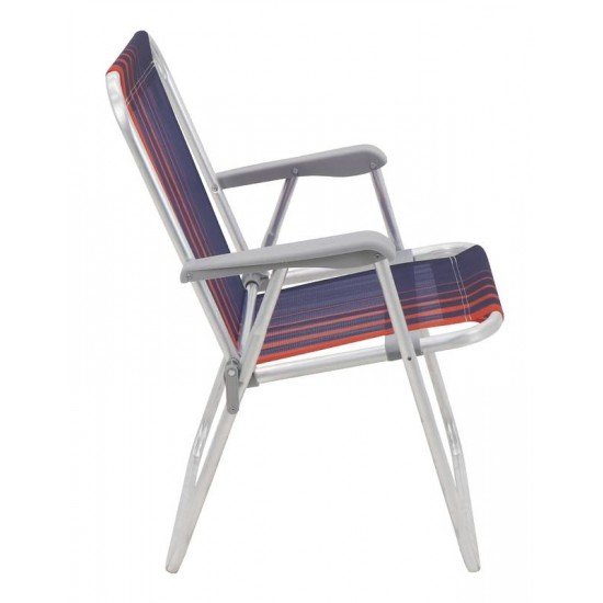 CADEIRA DE PRAIA TRAMONTINA SAMOA ALTA EM ALUMÍNIO COM ASSENTO AZUL ESCURO E LARANJA