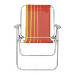 CADEIRA DE PRAIA TRAMONTINA SAMOA ALTA EM ALUMÍNIO COM ASSENTO LARANJA E AMARELO