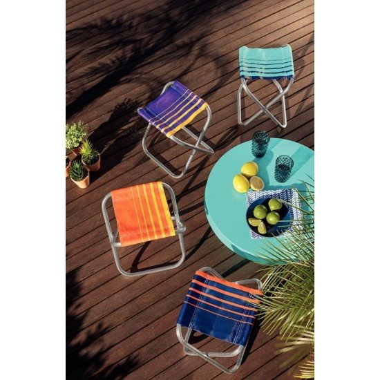 BANQUETA DE PRAIA TRAMONTINA FIJI EM ALUMÍNIO COM ASSENTO ROXO E AMARELO