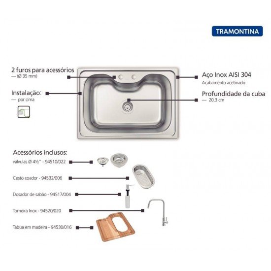 CUBA DE SOBREPOR EM AÇO INOX, COM DOSADOR DE SABAO, CESTO COADOR TORNEIRA TRAMONTINA