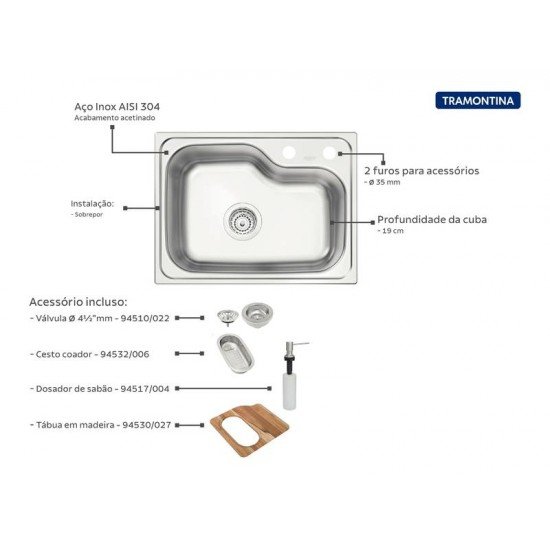 CUBA MORGANA COMPACT 48 FX EM AÇO INOX + VÁLVULA, TÁBUA DE MADEIRA, CESTO COADOR E DOSADOR DE SABÃO TRAMONTINA