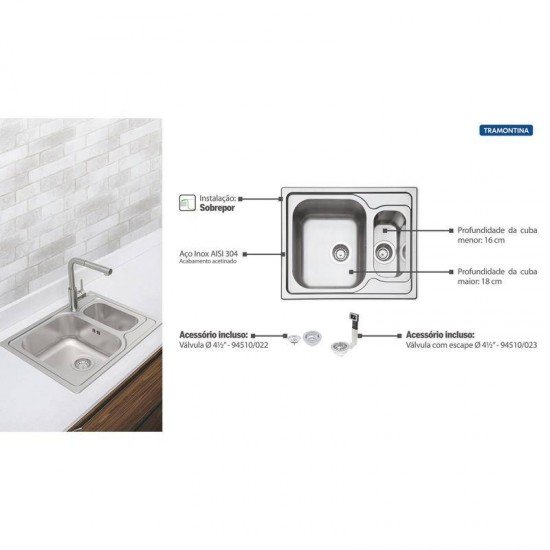 CUBA SOBREPOR TRAMONTINA 1 CUBA E AUX EM ACO INOX ACETINADO 62X50CM COM VALVULA MAREA 1.5C 34