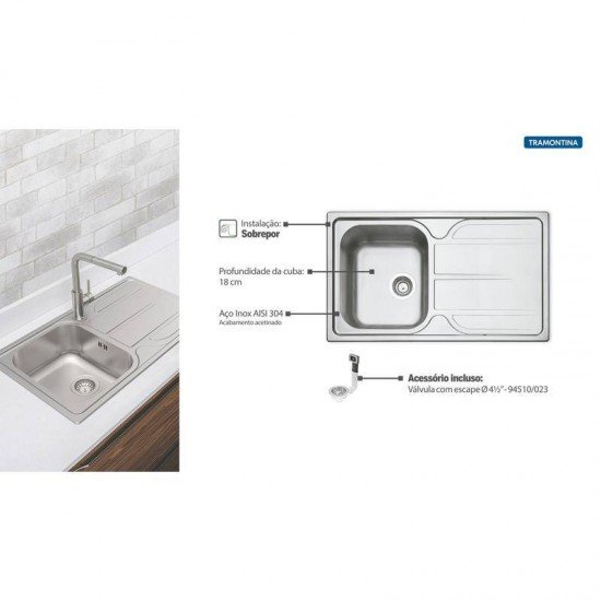 CUBA SOBREPOR TRAMONTINA EM ACO INOX 86X50CM COM ESCORREDOR E VALVULA  MAREA 34