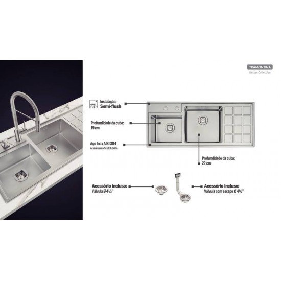 CUBA DE SOBREPOR DESIGN COLLECTION QUADRUM AÇO INOX ACABA SCOTCH BRITE 116X50CM 2 CUBAS TRAMONTINA