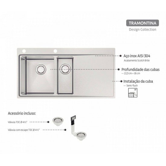 CUBA DE SOBREPOR DESIGN COLLECTION SMOOTH 1.5C 34 EX EM AÇO INOX COM ACABAMENTO SCOTCH BRITE 100X52
