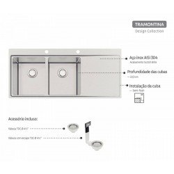 CUBA DE SOBREPOR DESIGN COLLECTION SMOOTH 2C 34 EX EM AÇO INOX ACAB SCOTCH BRITE 116X52CM TRAMONTINA