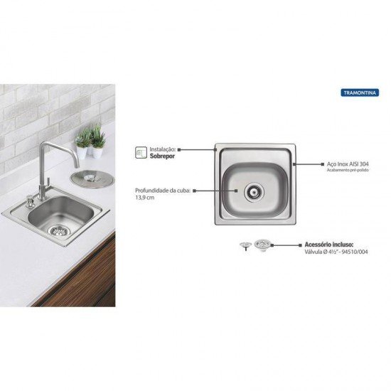 CUBA DE SOBREPOR TRAMONTINA EM ACO INOX PRE POLIDO 38X38CM COM VALVULA