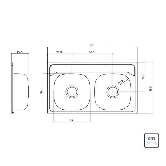 CUBA SOBREPOR TRAMONTINA 2 CUBAS EM ACO INOX PRE POLIDO 84X48CM COM VALVULA CALIFORNIA 2C 33 FX