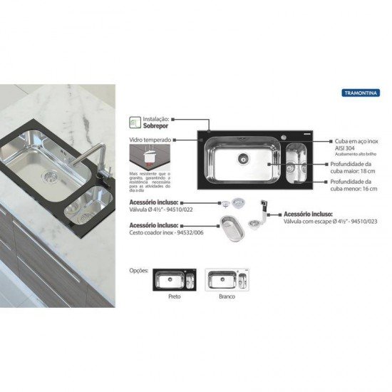 CUBA SOBREPOR TRAMONTINA ACO INOX COM TAMPO DE VIDRO PRETO 86X44 1C1/2