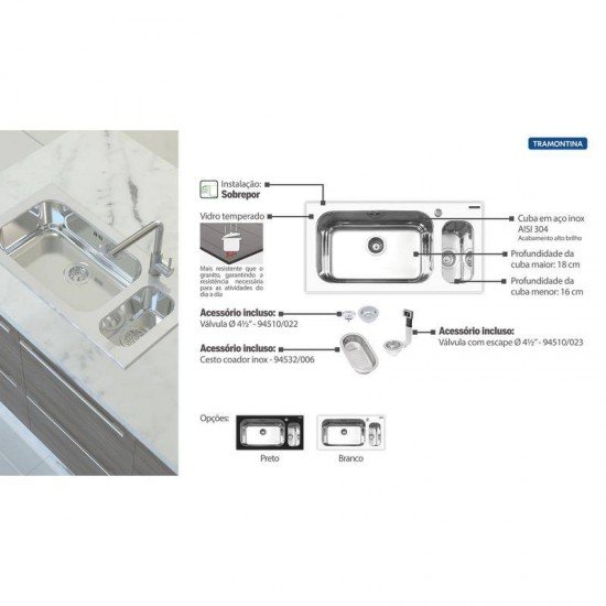 CUBA SOBREPOR TRAMONTINA  ACO INOX COM TAMPO DE VIDRO BRANCO 86X44 1C1/2
