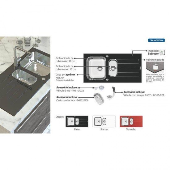 CUBA SOBREPOR TRAMONTINA ACO INOX COM TAMPO DE VIDRO PRETO  100X50 1C1/2 C/F