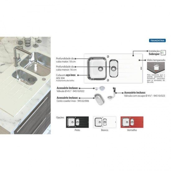 CUBA SOBREPOR TRAMONTINA ACO INOX COM TAMPO DE VIDRO BRANCO 100X50 1C1/2
