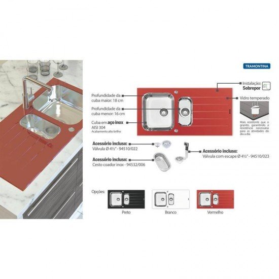 CUBA SOBREPOR TRAMONTINA ACO INOX COM TAMPO DE  VIDRO VERMELHO 100X50 1C1/2