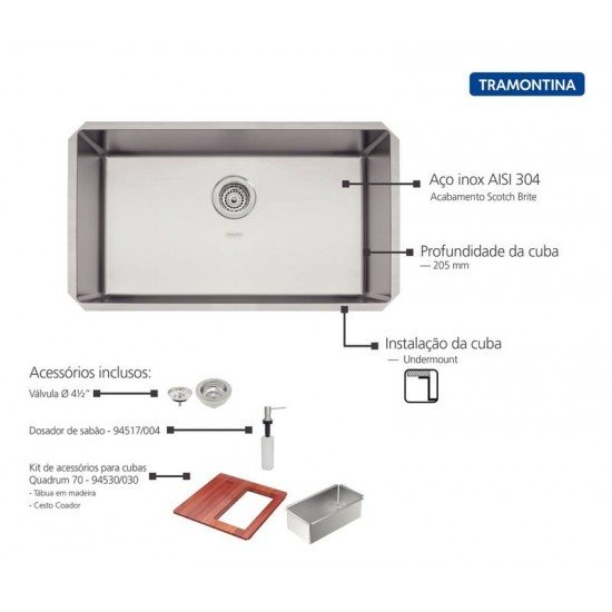 CUBA EM AÇO INOX 70X40CM COM DOSADOR DE SABAO, TABUA E CESTO TRAMONTINA