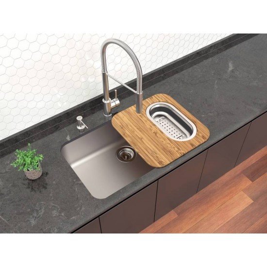 CUBA DE EMBUTIR TRAMONTINA DORA 70 BL R6 EM AÇO INOX ACETINADO COM VÁLVULA Ø 4 1/2, TÁBUA DE MADEIRA, CESTO COADOR E DOSADOR DE SABÃO 500 ML