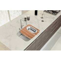 CUBA TRAMONTINA DORA 50 EM AÇO INOX COM TÁBUA DE MADEIRA CESTO COADOR E DOSADOR DE SABÃO