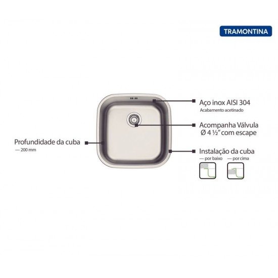 CUBA DE EMBUTIR OU SOBREPOR EM AÇO INOX 40X40CM TRAMONTINA