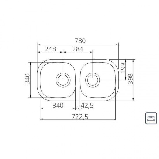 CUBA RETANGULAR EM ACO INOX POLIDO 72X34CM 2C 34 BL COM VALVULA