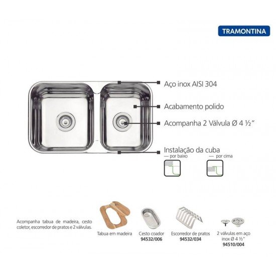 CUBA EM AÇO INOX, 2 VALVULAS, CESTO COADOR, TABUA E ESCORREDOR TRAMONTINA