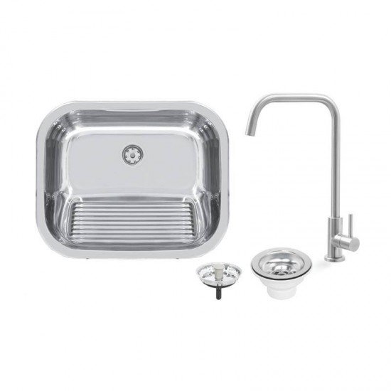 TANQUE DE ENCAIXE EM ACO INOX POLIDO 50X40CM COM VALVULA E TORNEIRA DE BANCADA