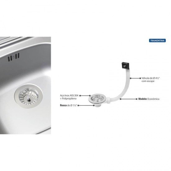 VALVULA TRAMONTINA ECONOMICA PARA PIAS E CUBAS 4 1/2 EM ACO INOX E POLIPROPILENO COM ESCAPE