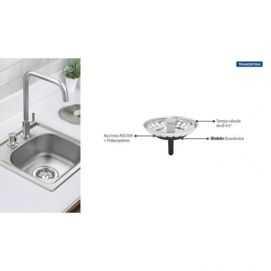 TAMPA DE VALVULA TRAMONTINA ECONOMICA PARA PIAS E CUBAS 4 1/2 EM ACO INOX E POLIPROPILENO