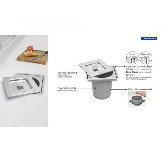 LIXEIRA INOX EMBUT CLEAN SQUARE 5L TRAMONTINA
