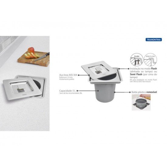 LIXEIRA INOX EMBUT CLEAN SQUARE 5L TRAMONTINA