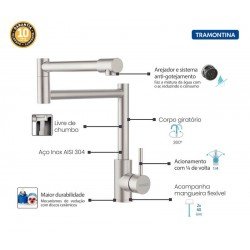 MISTURADOR MONOCOMANDO TRAMONTINA FLEXION EM AÇO INOX COM ACABAMENTO ESCOVADO