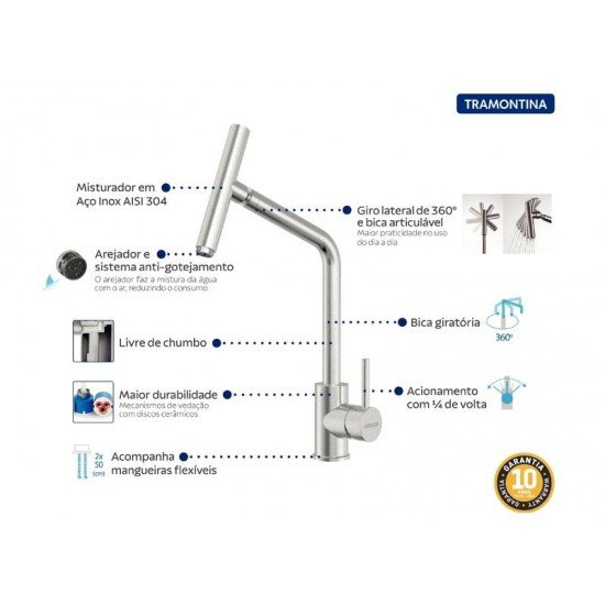 MISTURADOR MONOCOMANDO TRAMONTINA VERSA EM AÇO INOX COM BICA ARTICULADA