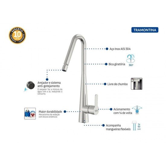 MISTURADOR MONOCOMANDO TRAMONTINA GRACEFUL EM AÇO INOX