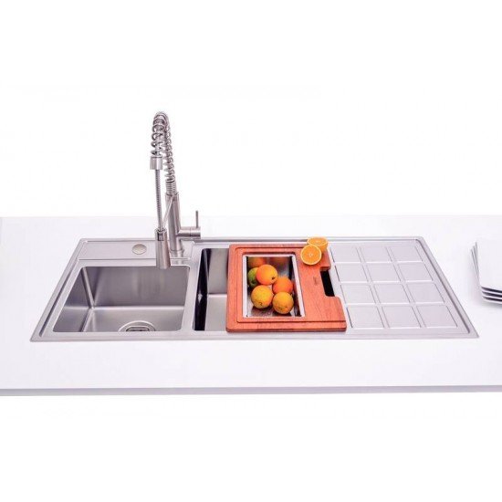 KIT PARA PIA DESIGN COLLECTION ACESSORIOS EM AÇO INOX COM ACABAMENTO SCOTCH BRITE E TABUA EM MADEIRA