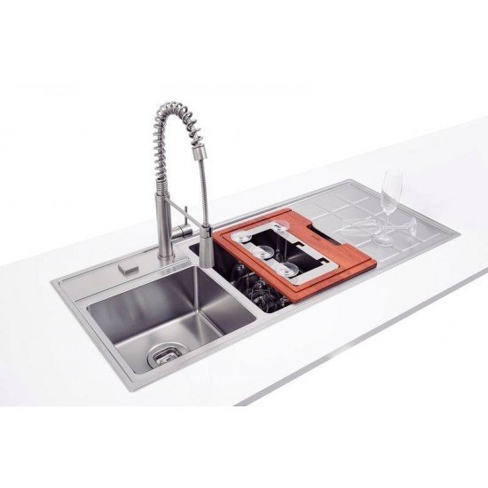 KIT PARA PIA DESIGN COLLECTION ACESSORIOS EM AÇO INOX COM ACABAMENTO SCOTCH BRITE E TABUA EM MADEIRA