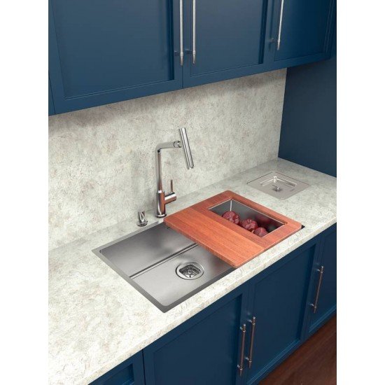 KIT PARA CUBAS QUADRUM DESIGN COLLECTION TABUA EM MADEIRA 42X40 CESTO COADOR EM AÇO INOX TRAMONTINA