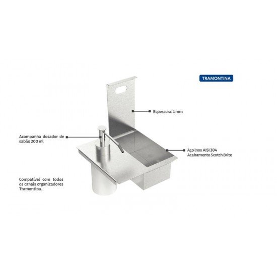 PORTA ESPONJA TRAMONTINA COM TAMPA E DOSADOR DE SABÃO LÍQUIDO EM AÇO INOX PARA USO EM CANAL ORGANIZADOR
