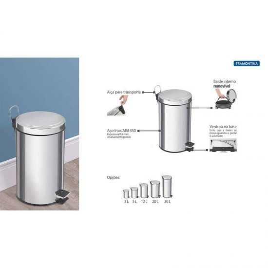 LIXEIRA INOX COM PEDAL TRAMONTINA COM ACABAMENTO POLIDO E BALDE INTERNO REMOVIVEL 12L BRASIL